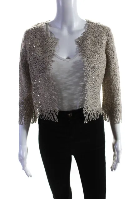 Oscar de la Renta Womens 3/4 Sleeve Open Sequin Cardigan Sweater Brown Small