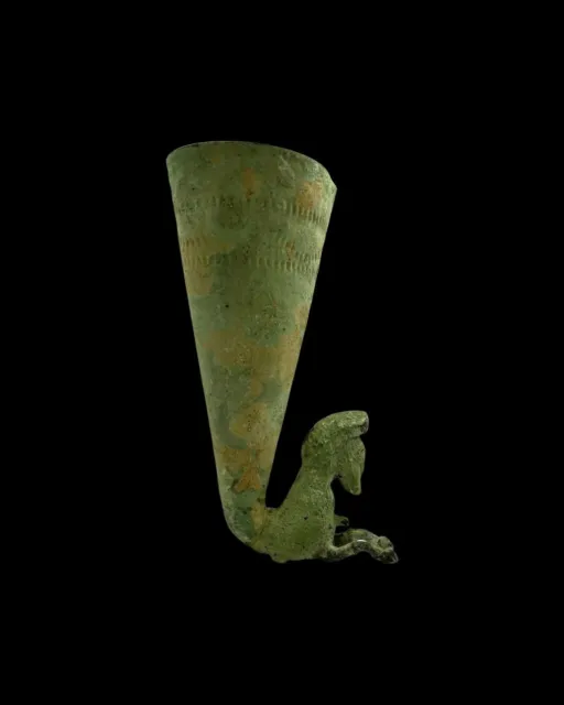 Rare Antique Animal Horse Rhyton Bronze Vessel Engraved Near Eastern Historical