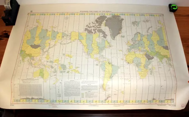 1960s U.S. Naval Oceanographic Office 54"x36" Standard Time Zone Chart World Map