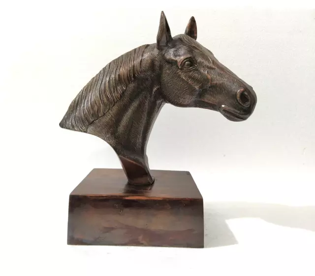 Large Metal Horse Head on Base Statue Table Top Copper Antique Finish 13 inches