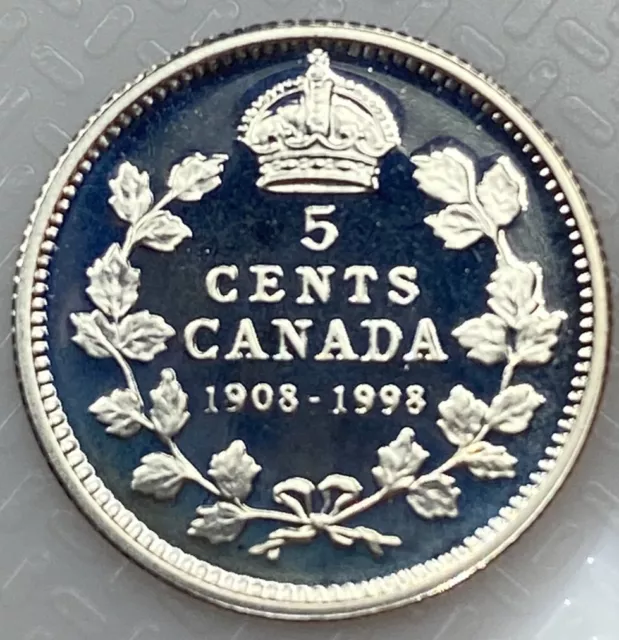 1998 Canada 1908-1998 Mirror Finish Sterling Silver 5 Cents Proof Nickel Coin