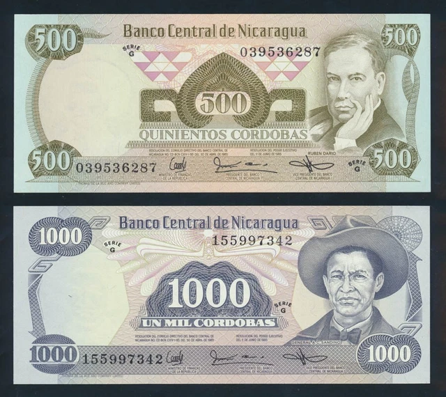 Nicaragua: 1987 500 & 10000 Cordobas "DE LA RUE". Pick 144-145b UNC Lt handling