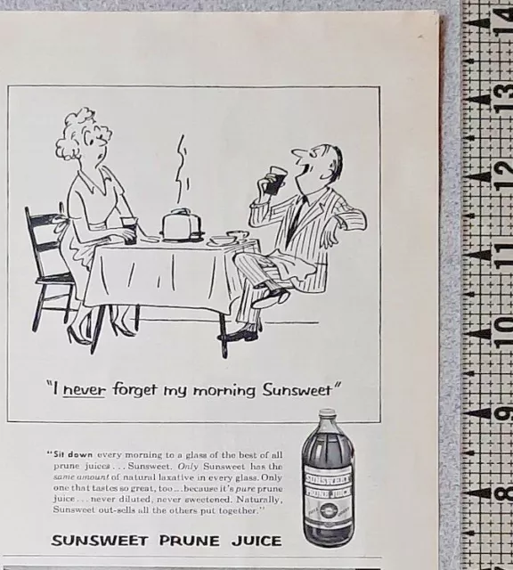1956 Sunsweet Vintage Print Ad Prune Juice Breakfast Cartoon Comic Laxative B&W