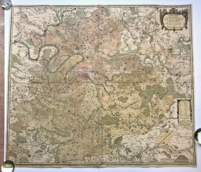 VERY LARGE WALL MAP OF PARIS & ENVIRONS (FRANCE) 1722 by DANET 18TH CENTURY