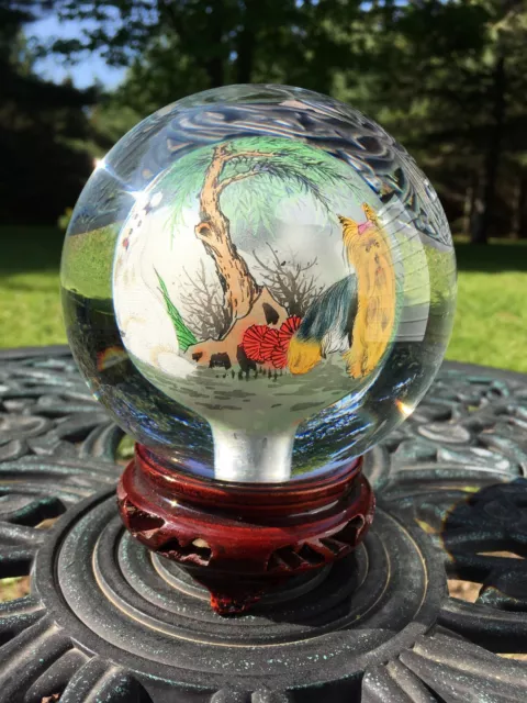 CHINA LARGE GLASS CRYSTAL BALL REVERSE HAND PAINTED ROTATING VTG CHINESE w STAND 3