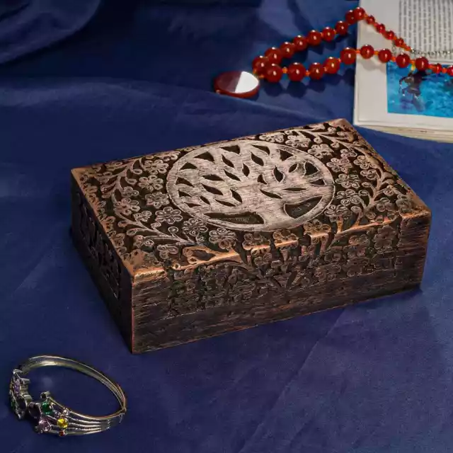 Matte Copper Finished Hand Carved Mango Wooden Jewelry Organizer Box Storage 2