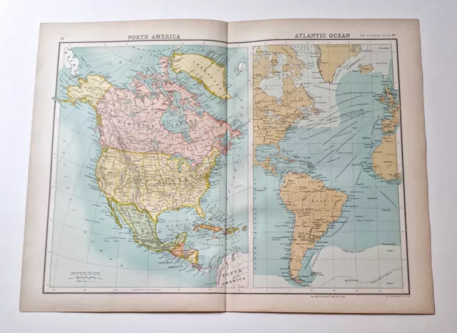 JOHN BARTHOLOMEW Original 1899 Colour Map: North America, Atlantic Ocean