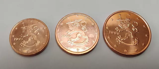 Finnland, 1 Cent + 5 Cent 1999 + 2 Cent 2000, prägefrisch, direkt aus der Rolle