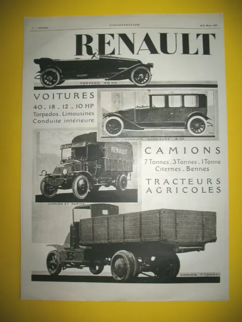 Publicite De Presse Renault Voitures Camions Bennes Tracteurs Agricoles Ad 1920