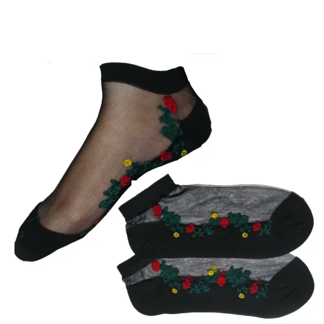 Ladies Rose Black Socks Cute Transparent Crystal Silk Lace Elastic Short Wear 2