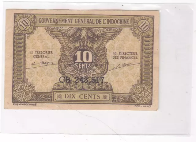 French Indochina Indochine Vietnam 10 Cents Note