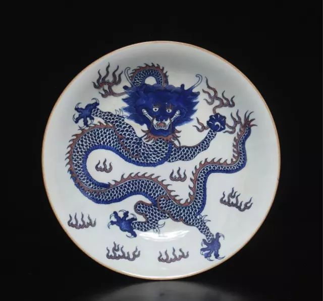 29.5CM Kangxi Signed Antique Chinese Blue & White Blue Glaze Porcelain Dish