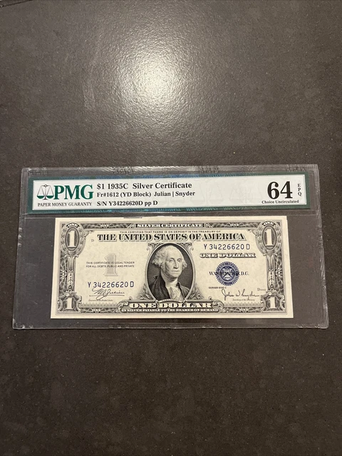 1935C Fr.1612 SILVER CERTIFICATE $1 PMG  64 EPQ YD BLOCK