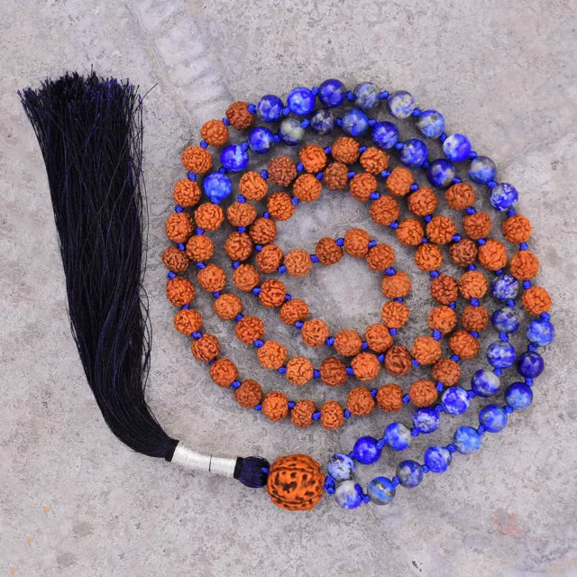 Peace-Halskette 8 mm, Rudraksha-Lapislazuli-Halskette, 108 Mala-Perlen