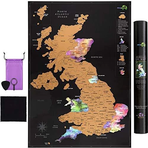 SCRATCH OFF MAP UK A2 Poster + Accessories Kit and Travel Gift Tube