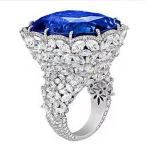 50ct Kashmir Sapphire Art Deco Ring 925 Sterling Silver Handmade Auction Jewelry