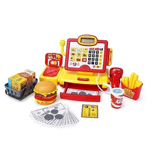 TOY CASH REGISTER for Kids, Pretend Play Supermarket Playset with Real