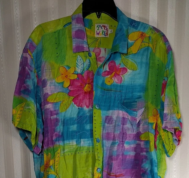 Vtg Jams World Hawaiian Shirt Mens Sz L Button Up Floral Colorful Short Sleeve