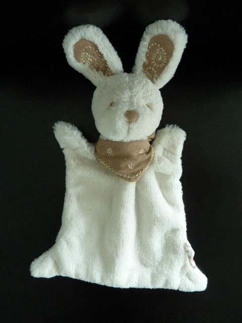 D16 - Doudou Plat  Nicotoy Lapin Blanc Foulard Beige Marron Excellent Etat