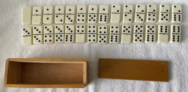 Bakelite Dominos Full Set 28 Tiles 1"X 2" W/Spinners White W/ Wood Case