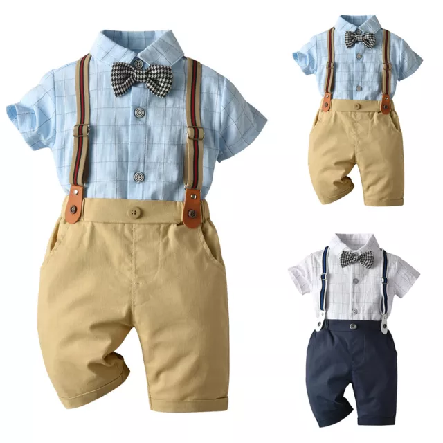 Kids Baby Boys Gentleman Outfits Boy Summer Check Shirts Suspenders Shorts Set
