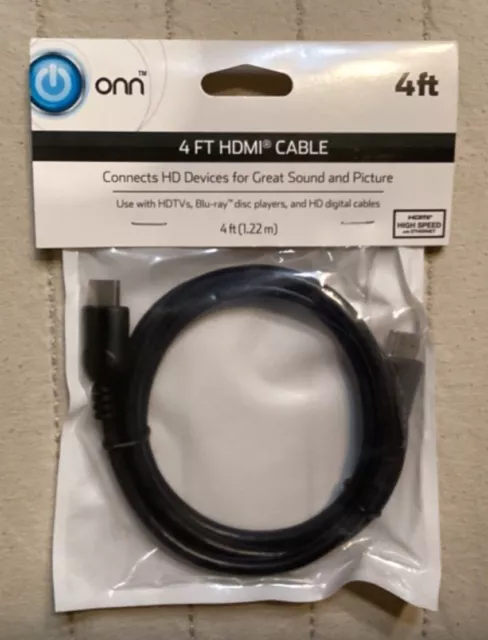 Onn HDMI High Speed w/ Ethernet 4 ft. BLACK Cable, Brand New Sealed