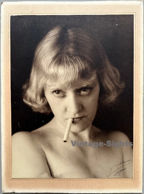 Great Portrait Of Extravagant Blonde Smoking A Cigarette (Large Vintage Photo ~1