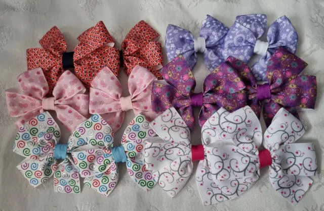 12x Girls Hair Bow Clips Bundle Joblot Hearts Patterns White Pink Purple Red
