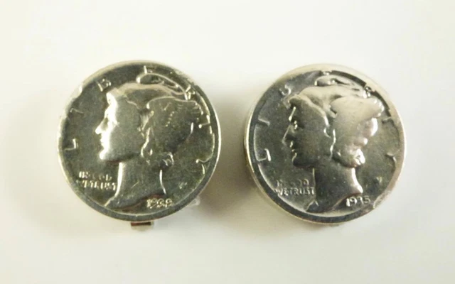 Silver Mercury Head Dimes Button Cover Cufflinks 1935 & 1938 Silver Mercury Head Dimes Button Cover Cufflinks 1935 & 1938