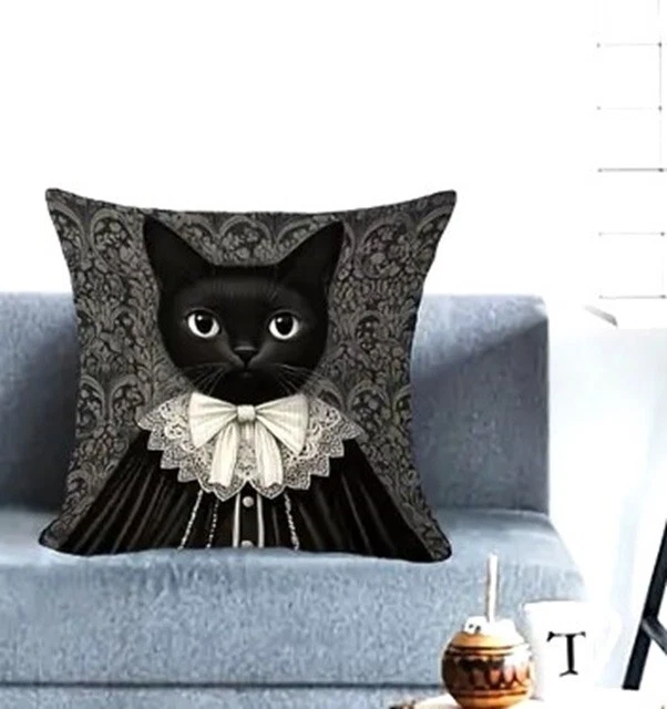 Housse De Coussin Déhoussable 45cm – Chat Victorien Costumé Et Oiseau – Style Noble Et Shabby Chic