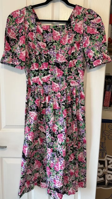 Lanz Original Dress Party Floral Cotton Pink Purple Black Vintage 80’s