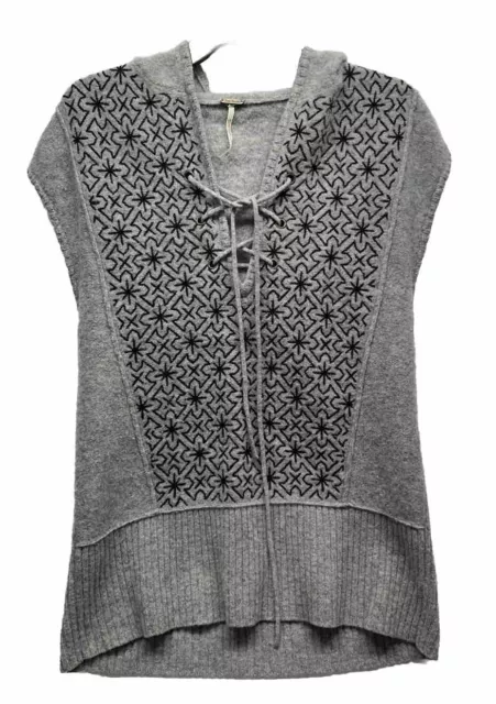 Free People Womens Size M Gray Embroidered Sleeveless Lace Up Wool Hoodie (J12)