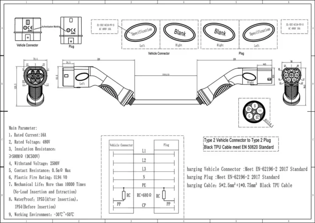 Mobile Wallbox EV 11KW Typ 2 Kabellänge 5m 16A 3 Phasig EV Ladekabel CEE DE DHL 3