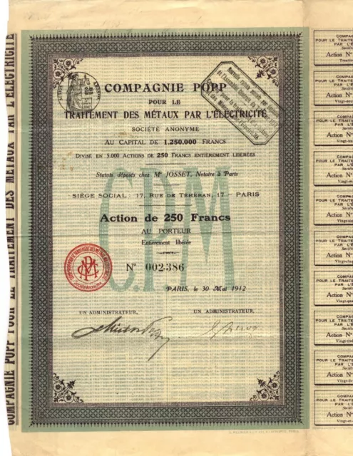 Compagnie POPP S.A., Aktie über 250 Francs, Paris, 30. Mai 1912