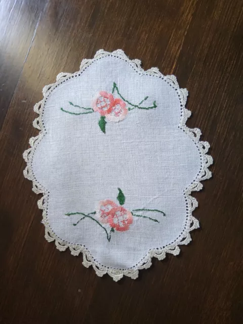 Vintage Cotton Linen Crochet Embroidery Handmade Cream Colour Floral Doily