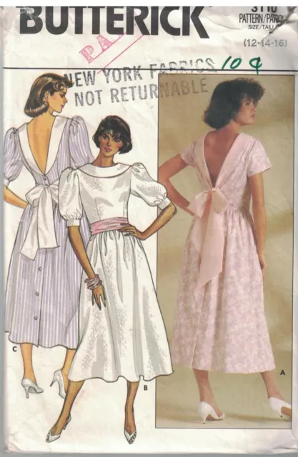 3110 Vintage Butterick Sewing Pattern Misses Dress Formal party 1980s Back bow