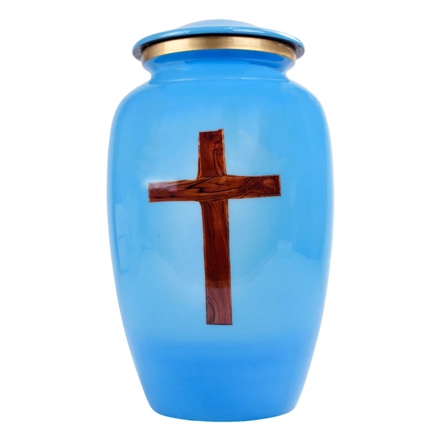 Urns for Ashes Adult Large Cremation Human Funeral Memorial Wooden Cross Blue