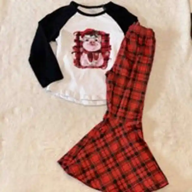 Boutique Toddler Girl Buffalo Plaid Christmas Bell Bottom Outfit Size 3T