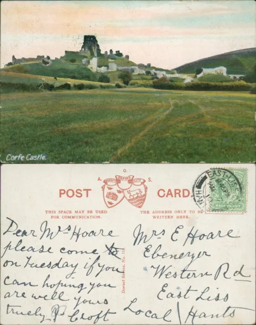 Corfe Castle 1910 East Liss SOTN Cancel Dorset Series No 115 AOS