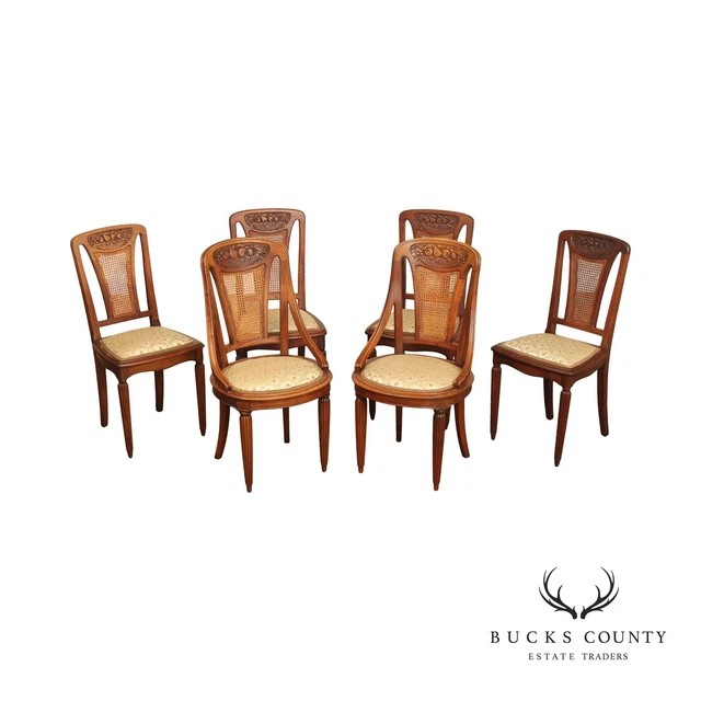 Louis Chambry Antique French Art Nouveau Set Six Walnut Dining Chairs Louis Chambry Antique French Art Nouveau Set Six Walnut Dining Chairs