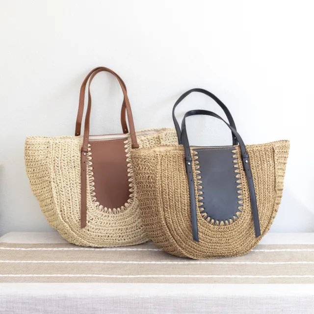 Large Straw Woven Round Tote with Brown Leather Accents Perfect Summer Beach Bag