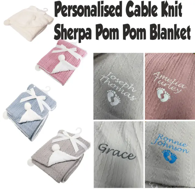 Personalised Embroidered Cable Knit Sherpa Pink Blue Grey Warm Blanket Baby Gift