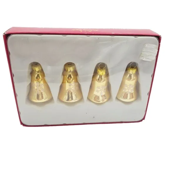 Box of 4 Blown Glass Gold Christmas Bell Ornaments Mini Holiday Style 1.75"