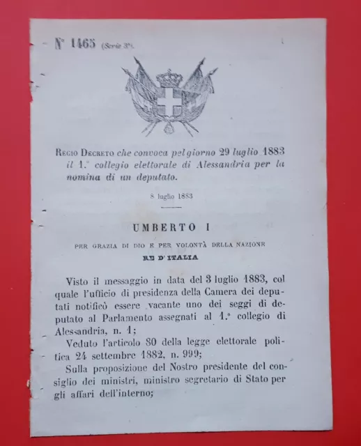 Decreto Regno Italia Convocazione collegio Alessandria per nomina deputato 1883