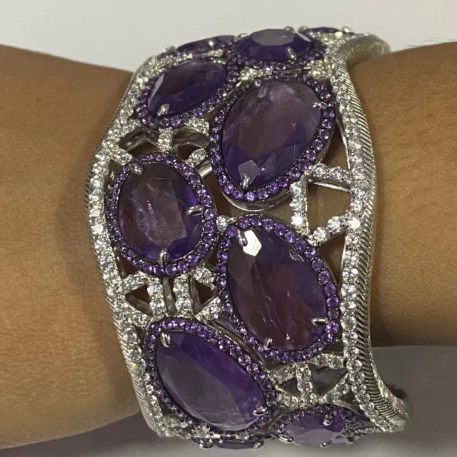 QVC Judith Ripka Sterling 58 ct Amethyst Hinged Cuff Bracelet Pre-owned Jewelry