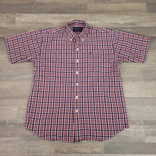 Ralph Lauren Shirt Boys Medium Red Blue Plaid Button Up Short Sleeve Preppy