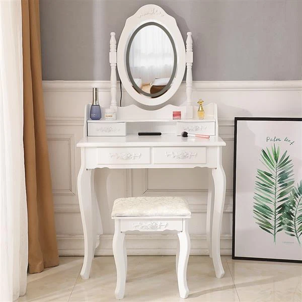 Modern Concise LED Single Mirror 4 Drawer Dresser Set , White