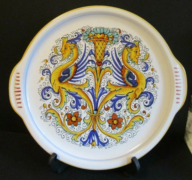 Vtg Signed Italy Majolica Deruta 🐉 Faience Pottery TRAY Hand Painted DRAGONS 🐉