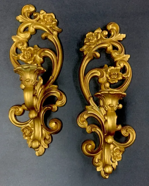 Vintage Pair HOMCO Gold Ornate Wall Sconce Candle Holder #4118 Hollywood Regency