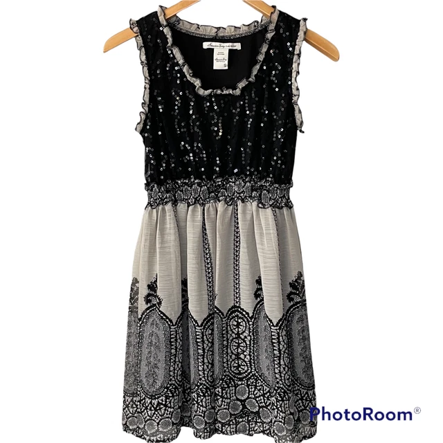 American Rag Black Sequin Gatsby Lace Print Dress size Small